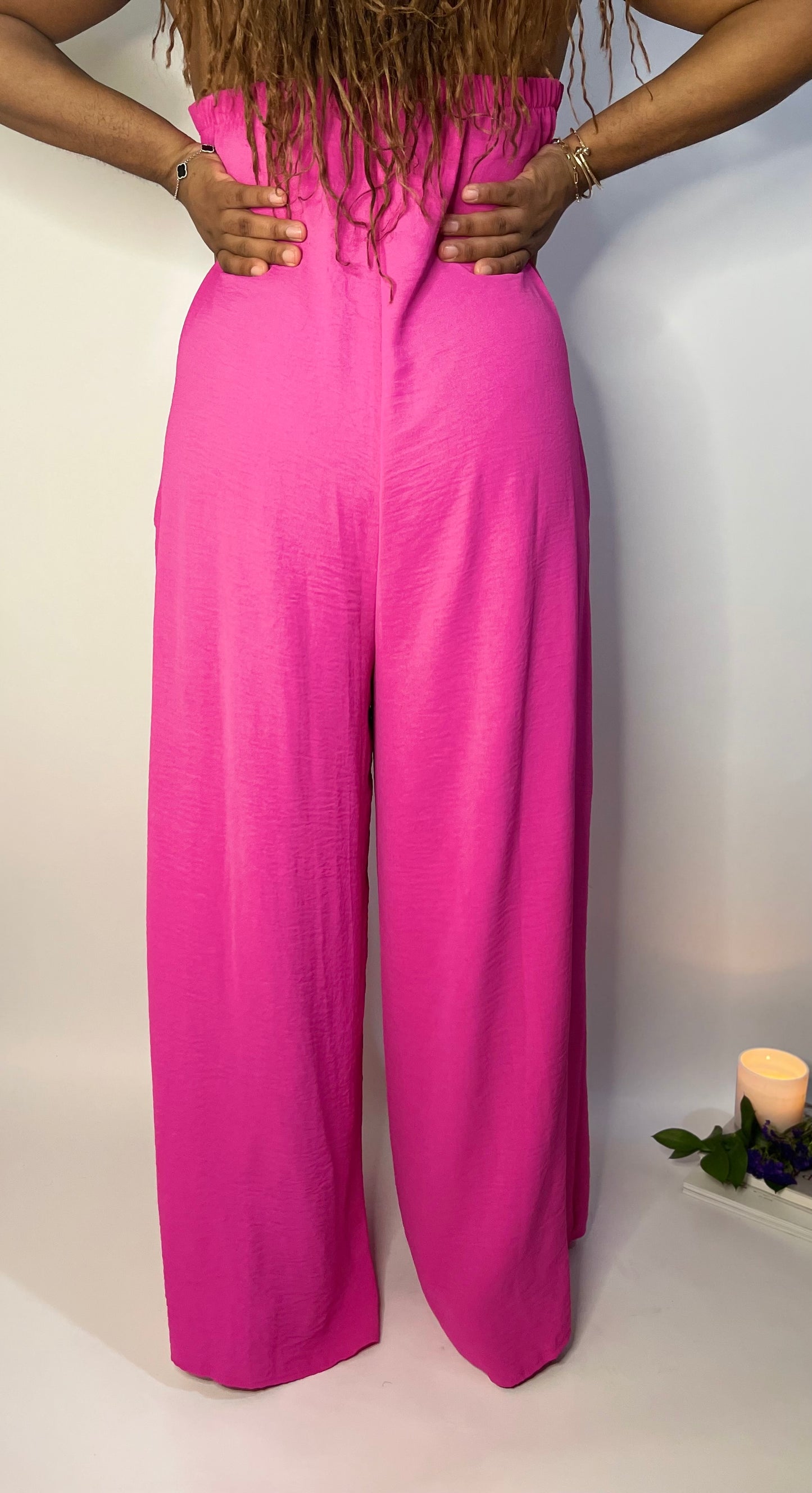 Fuchsia Strapless Flowy Jumpsuit