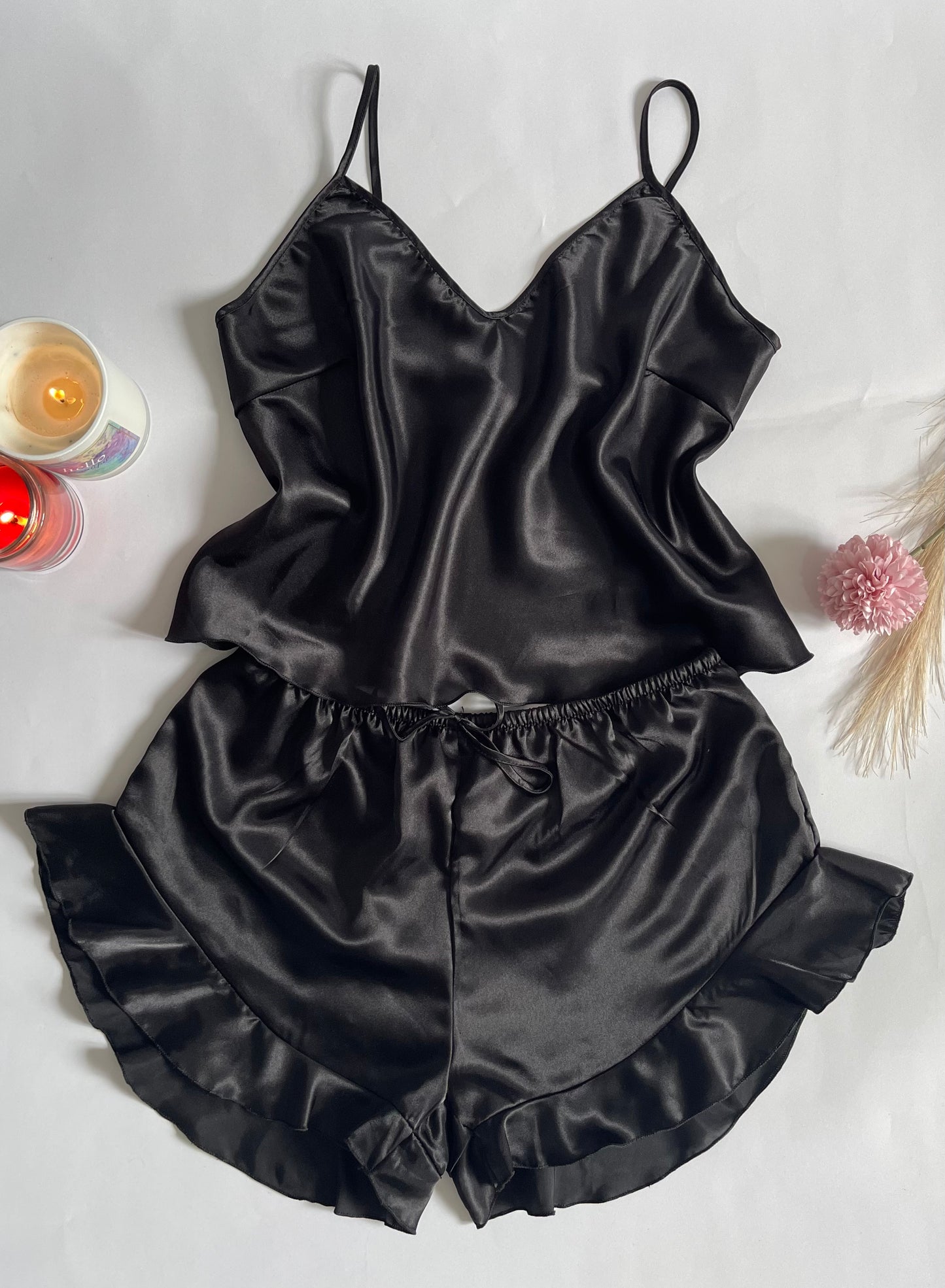 Black Cami & Ruffle Trim Shorts Pajama