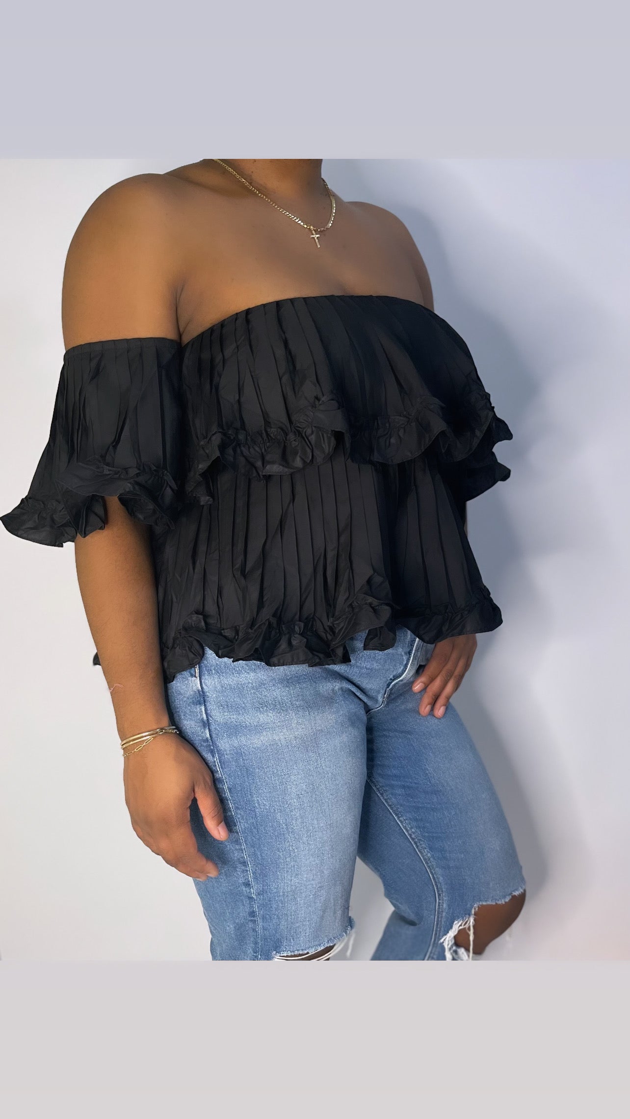 Pleated Ruffle Off Shoulder Top - 2 colors available