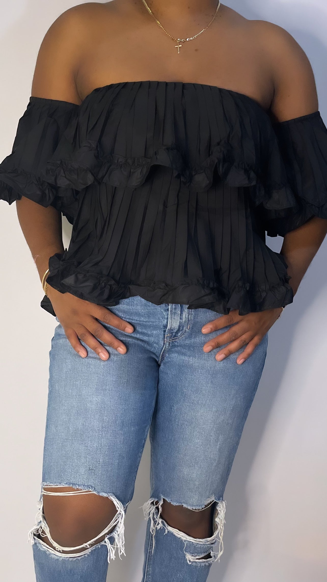 Pleated Ruffle Off Shoulder Top - 2 colors available