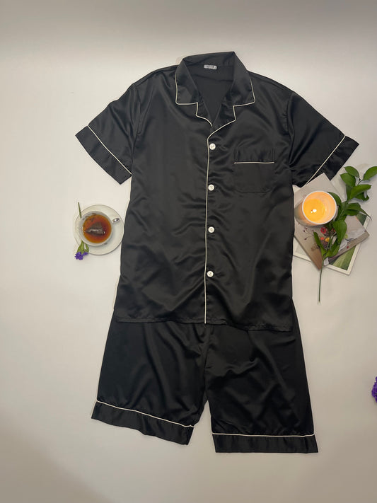 Black Piped Trimmed Shirt & Shorts Pajamas