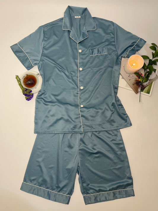 Blue Piped Trimmed Shirt & Shorts Pajamas