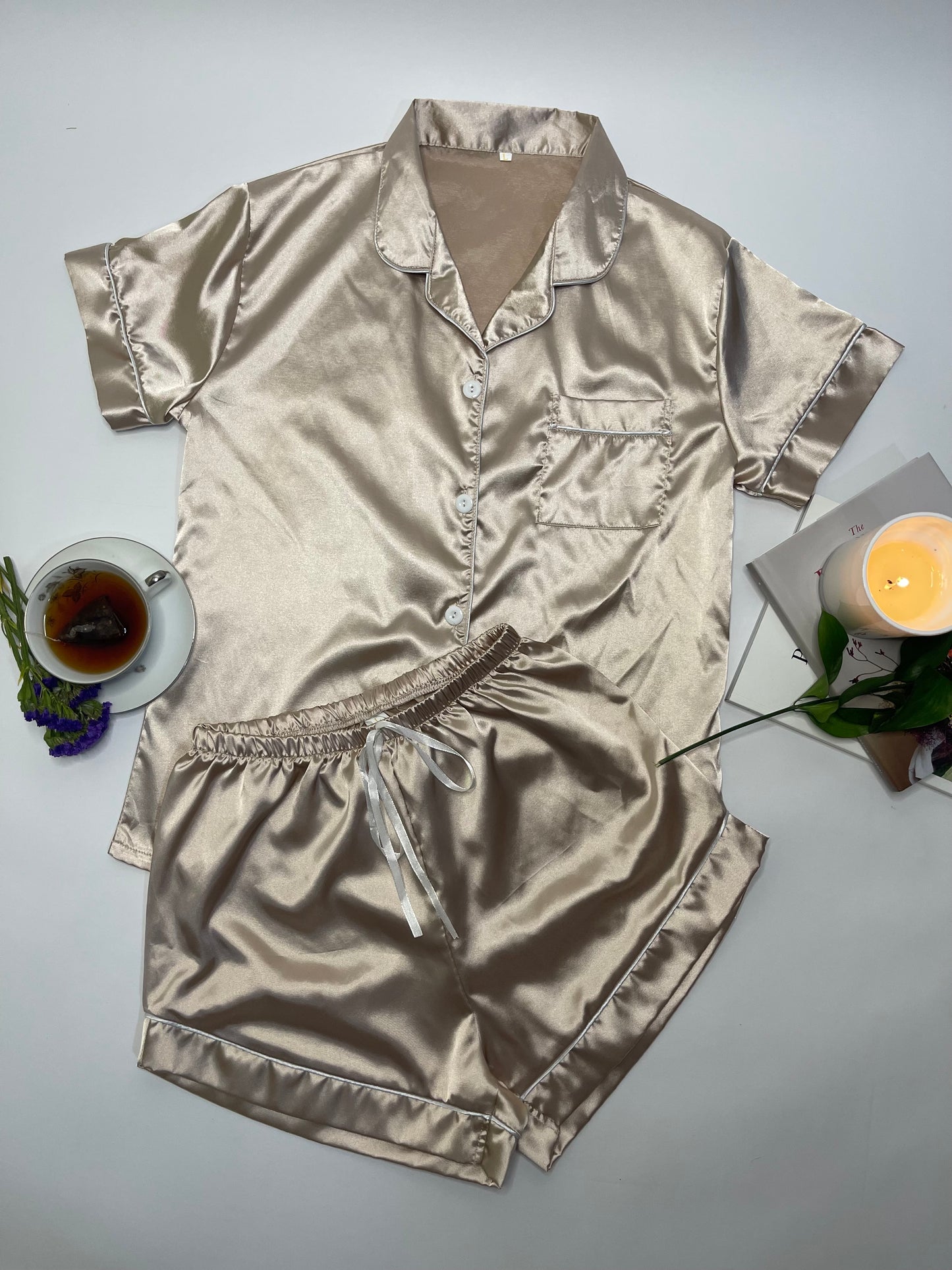 Piped-Trim Shirt & Shorts Pajama Set