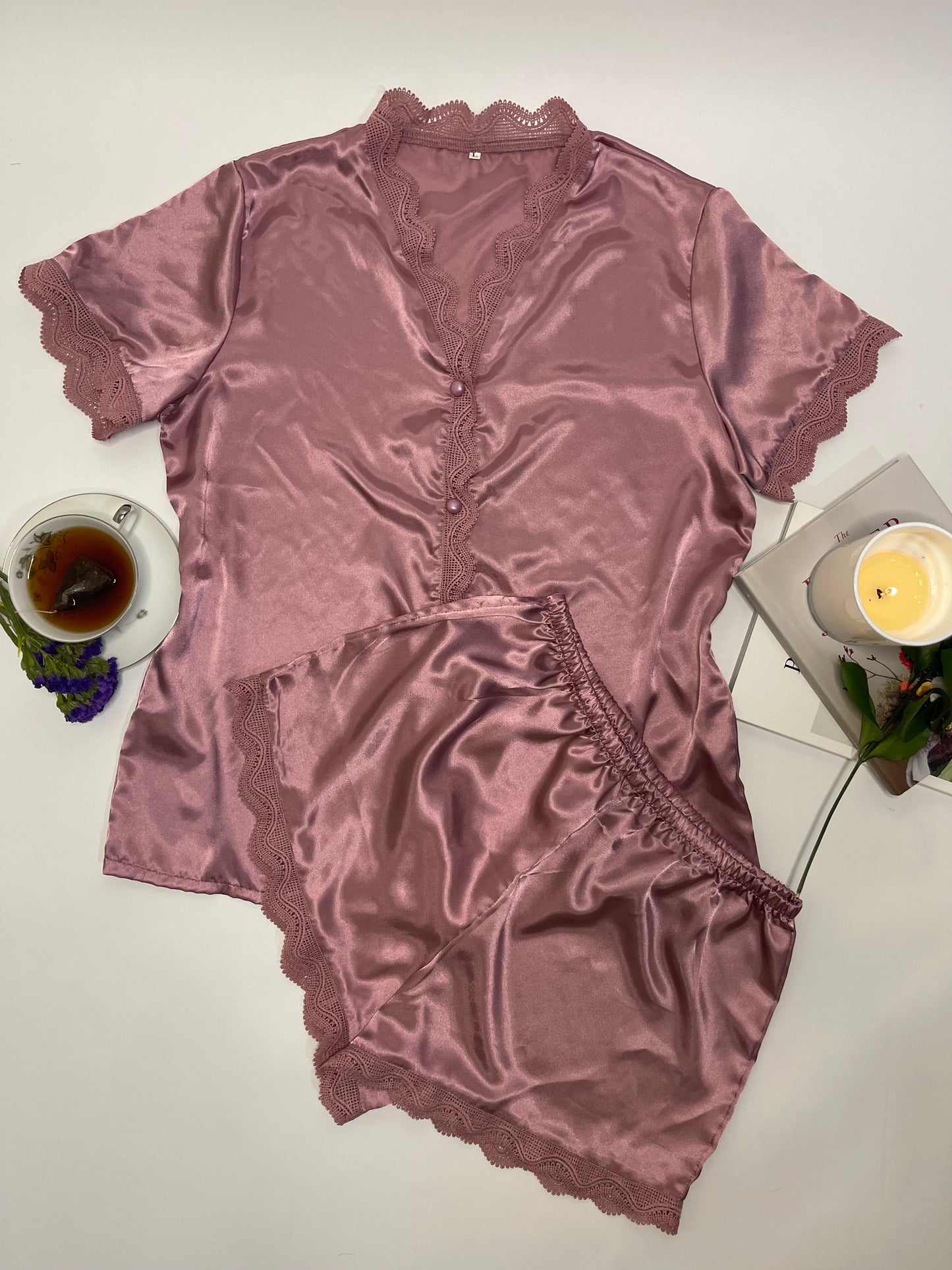 Lace-Trim Shirt & Shorts Pajama Set - 2 colors available